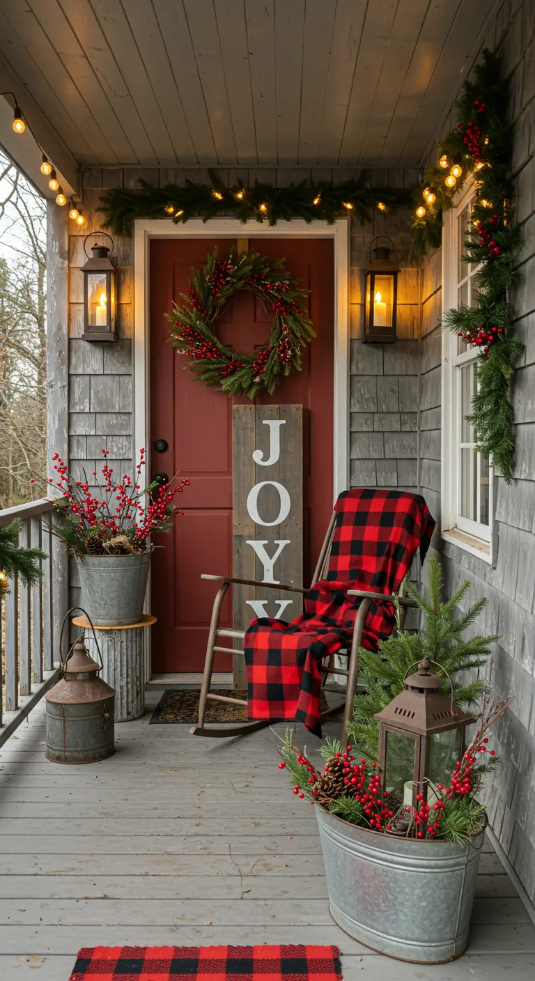 Rustic Christmas porch with a buffalo check blanket, lanterns, and berry wreath.