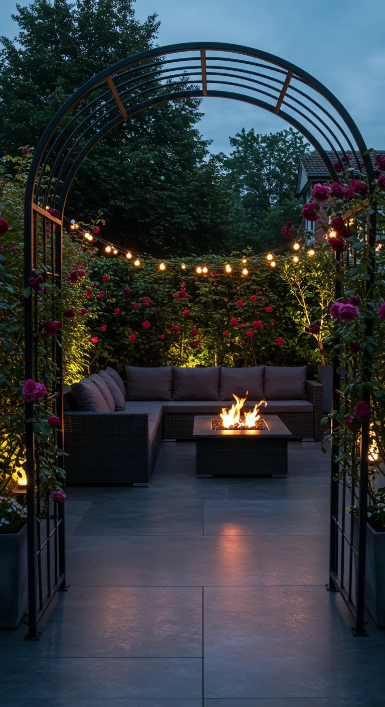 Black metal arch with red climbing roses and string lights over a modern patio with a fire pit.