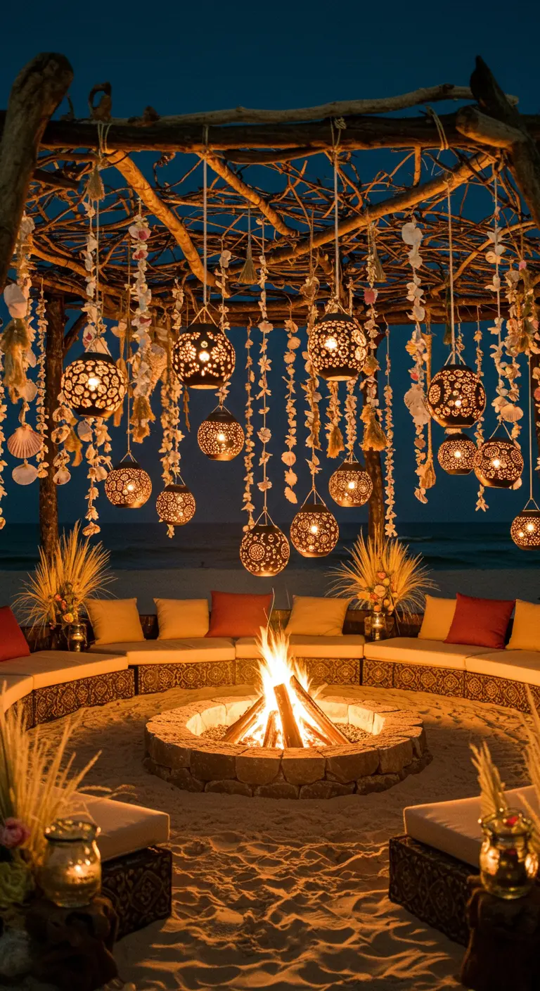 A cozy beach fire pit surrounded by seating, under a canopy with hanging shell garlands and lanterns.