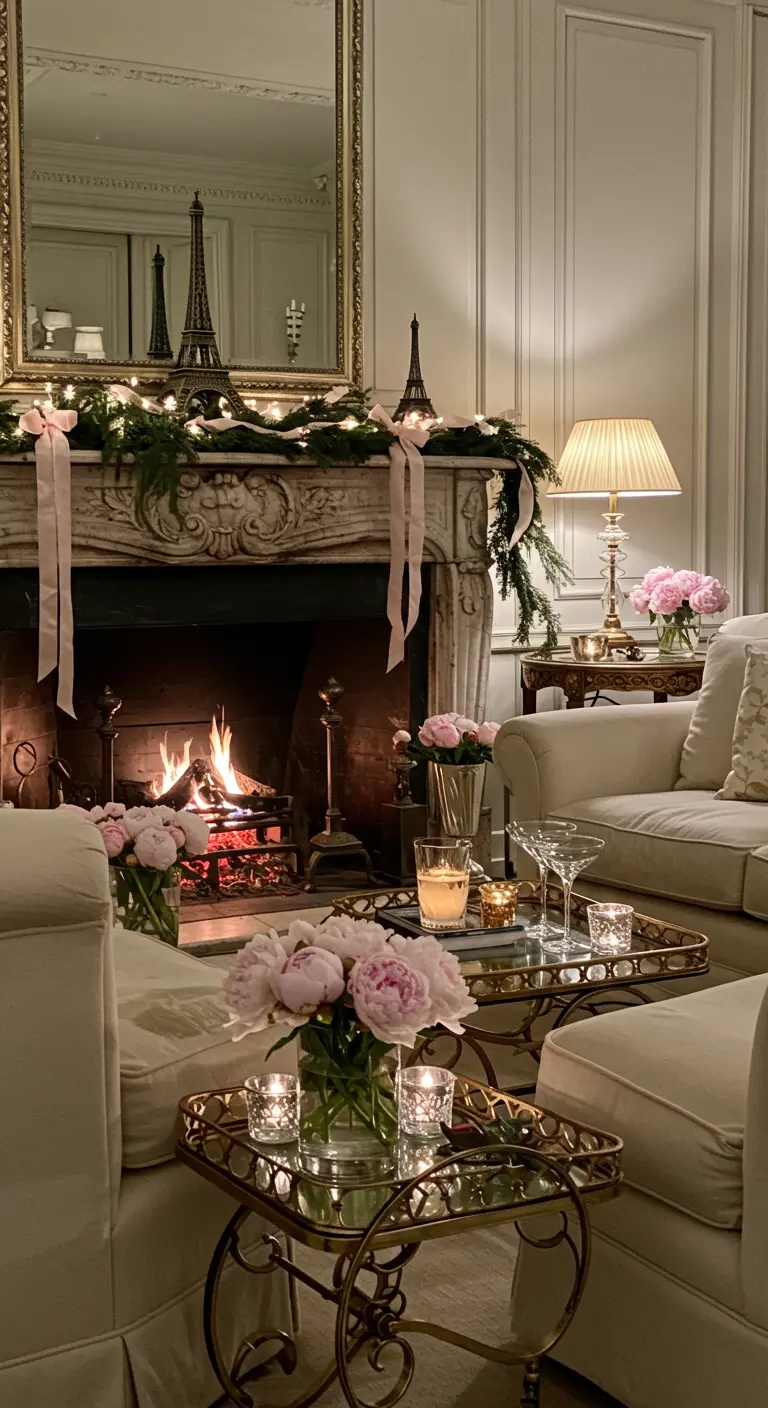 Cozy fireplace with a lit fire, mantel decorated with garland, lights, and pink ribbons