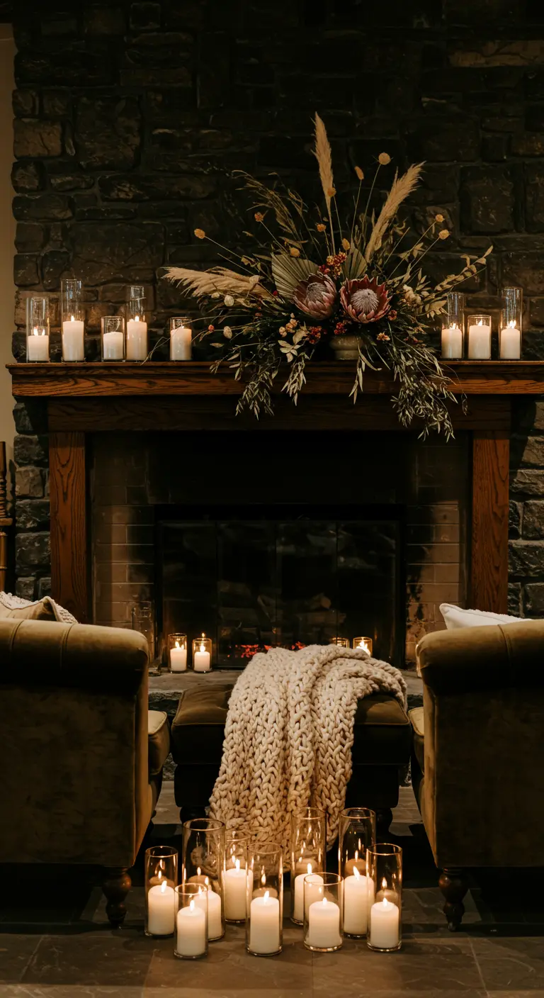 A cozy fireplace scene with a dried floral arrangement, chunky knit blanket, and many candles.