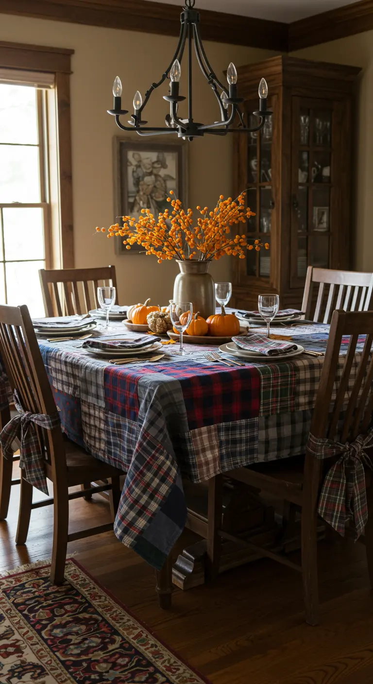 A patchwork tablecloth made of various plaid flannel squares on a dining table.