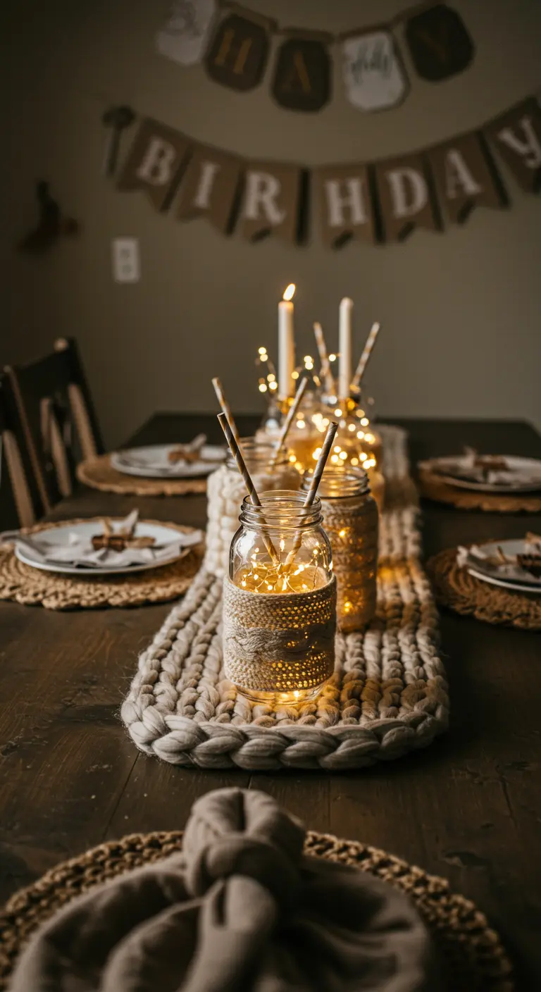 Mason jars wrapped in yarn on a chunky knit runner with cozy details.