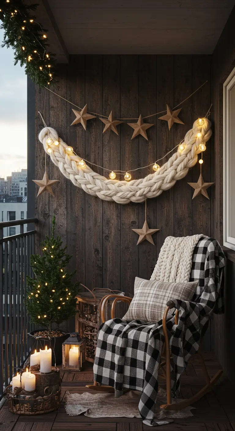 A chunky knit garland, wooden stars, and plaid throws decorate a rustic balcony.