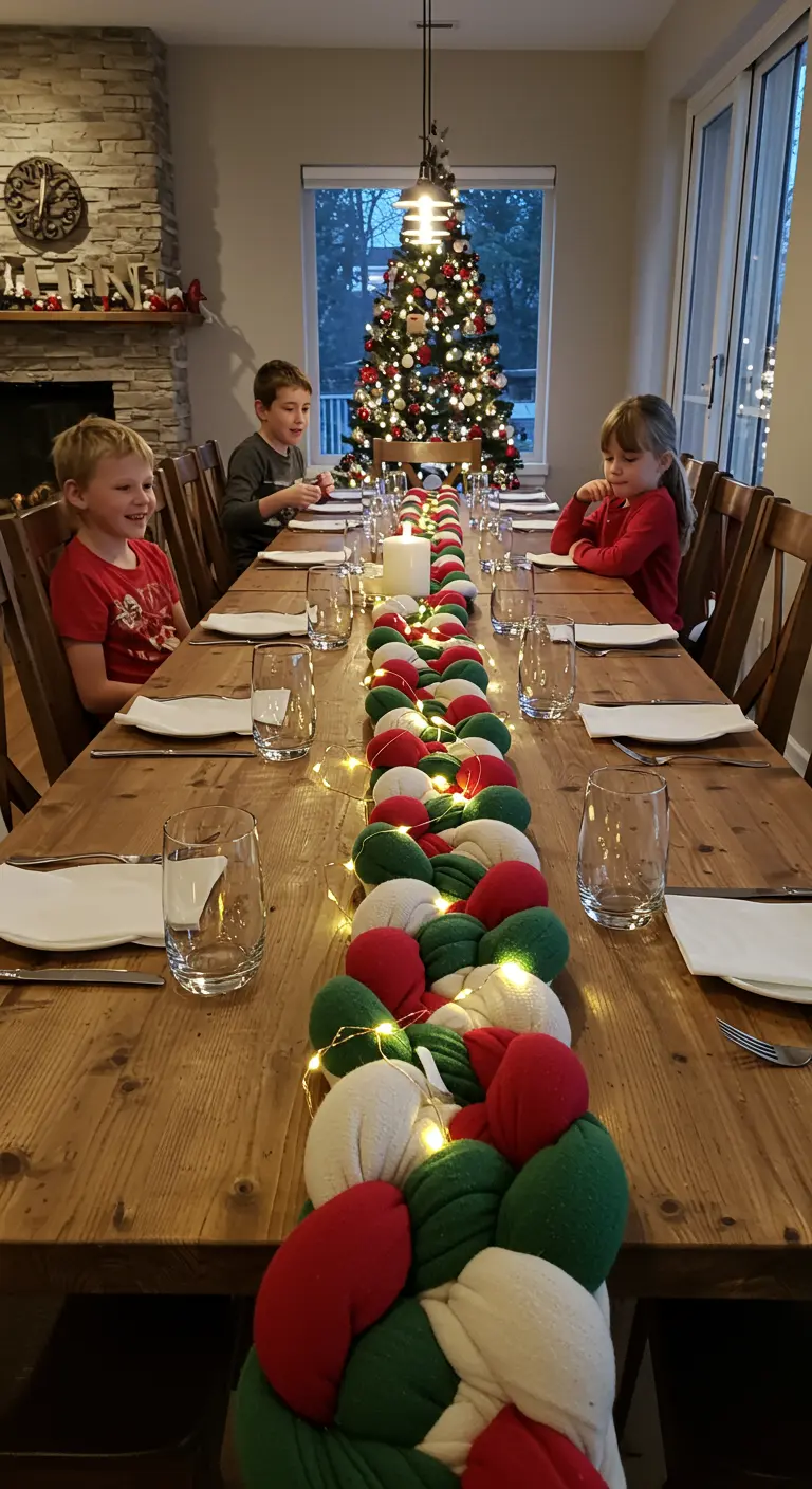 A long, braided table runner in red, green, and white with fairy lights.