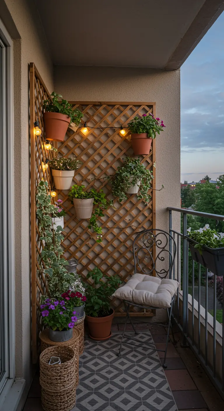 Wooden lattice trellis on a balcony with potted plants, string lights, and a cozy chair.