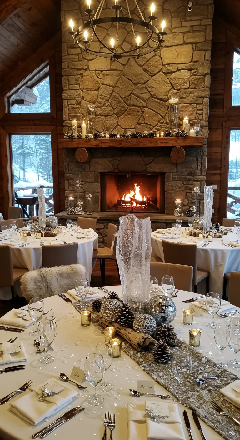 Winter wedding table by a stone fireplace with a driftwood and silver ornament runner.