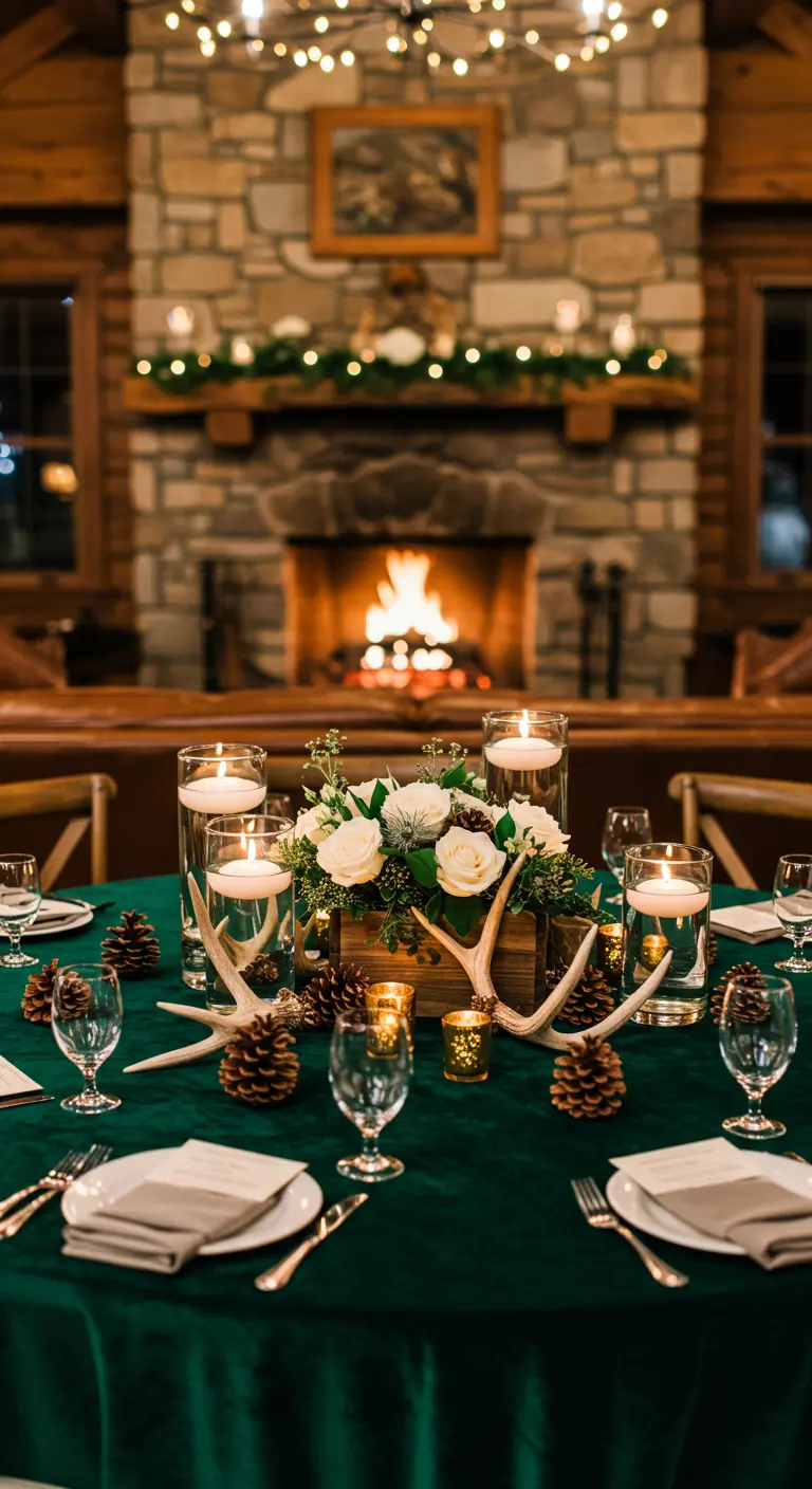 A rustic lodge wedding table with a green velvet cloth and a centerpiece of roses, pinecones, and antlers.