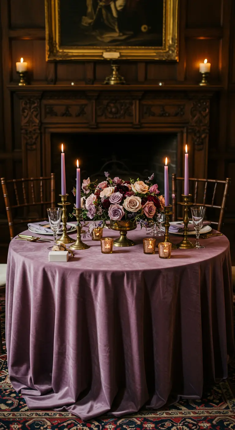 Intimate round wedding table with a mauve velvet cloth, lavender candles, and muted purple roses.