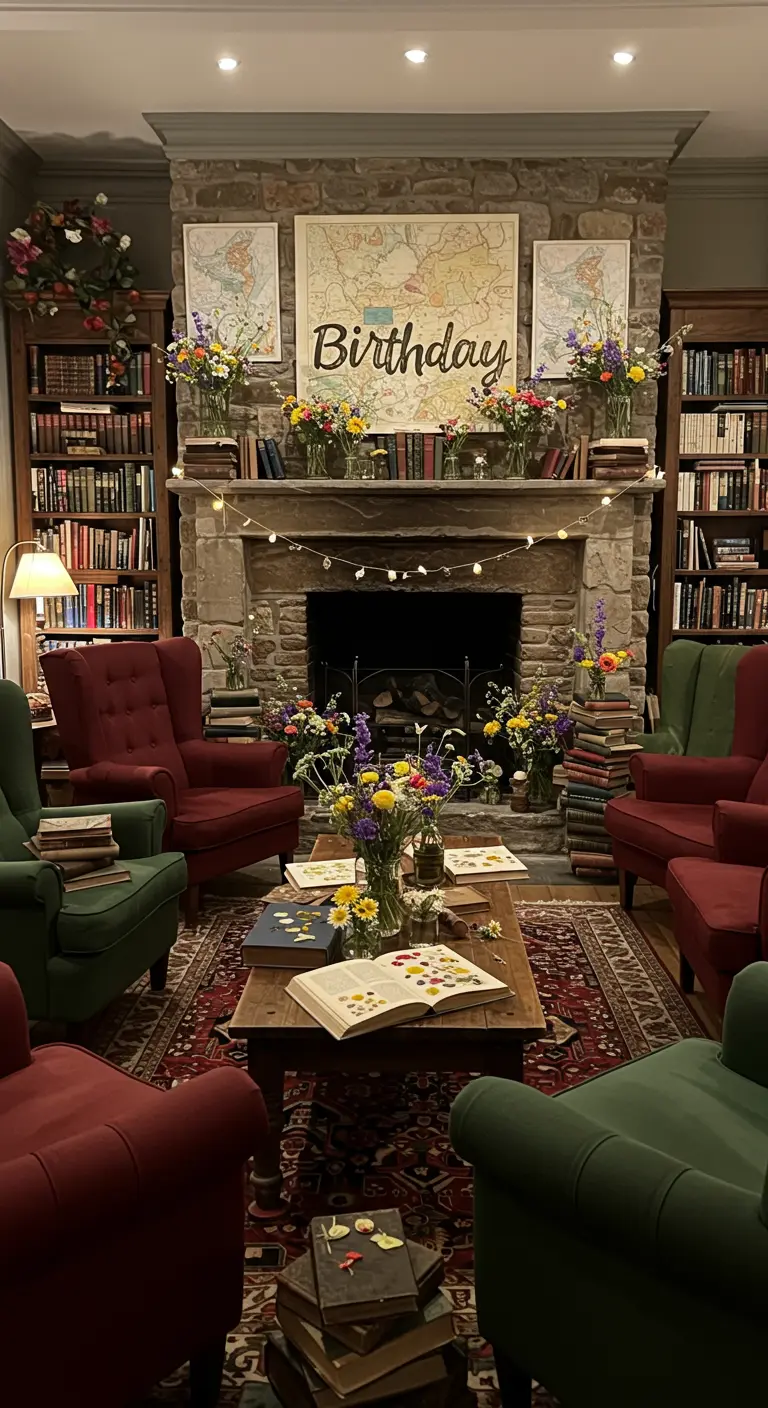 Cozy library room with armchairs, fireplace, and wildflower arrangements.