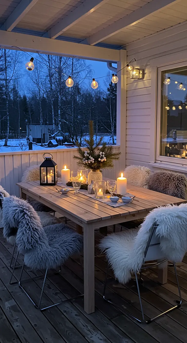 A cozy, lit-up winter porch table with fluffy gray and white throws on chairs and a small tree centerpiece.