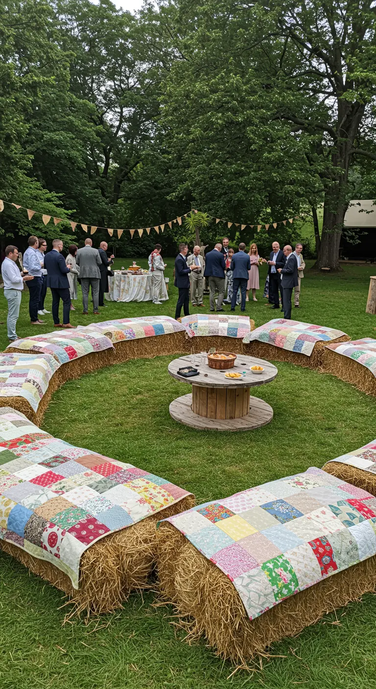 Circular seating arrangement of hay bales topped with colorful patchwork quilts.