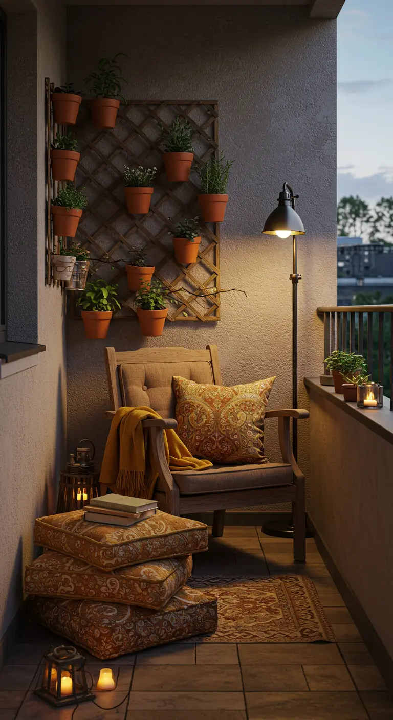 A cozy balcony reading nook at dusk with a wooden chair, stacked cushions, and a vertical planter wall.