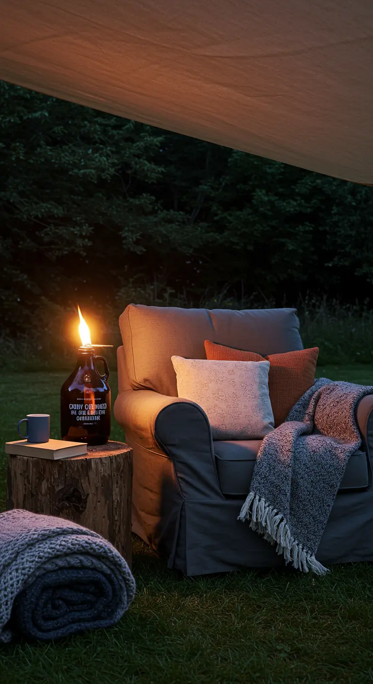 A comfortable armchair in a garden with a large growler bottle torch on a stump table.