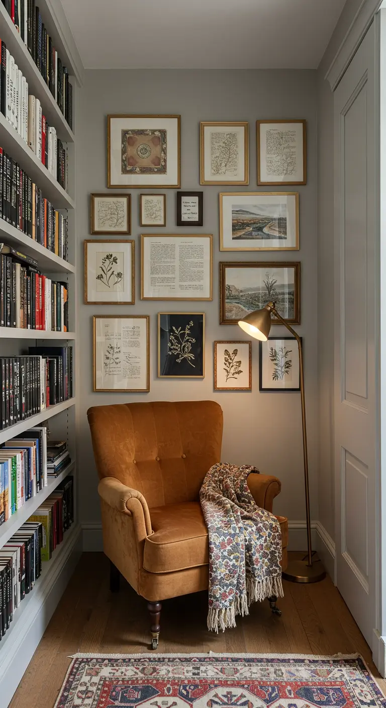 Cozy reading nook with a mustard armchair, a bookshelf, and a gallery wall of framed botanical prints.