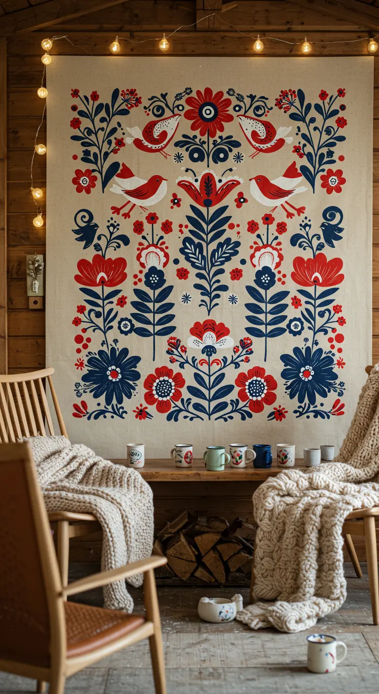 A large fabric hanging with a red, white, and blue Scandinavian folk art pattern in a cozy cabin.