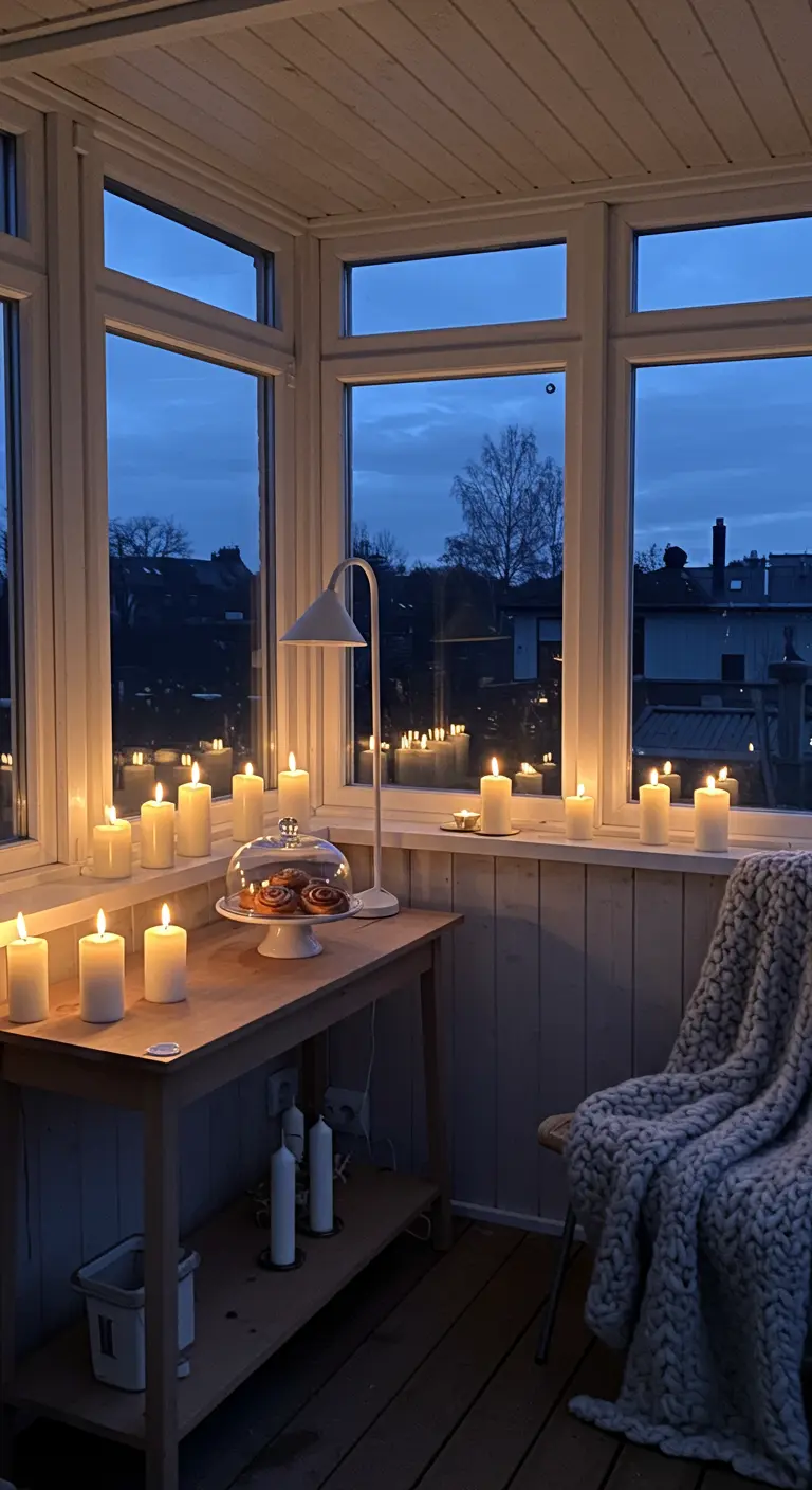 A cozy sunroom corner filled with dozens of pillar candles, with cinnamon buns under a cloche.