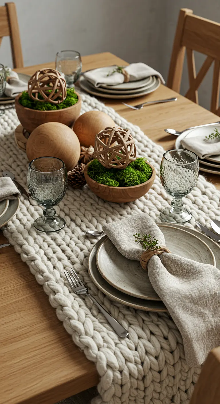 A table with a chunky knit runner and wooden bowls filled with moss and woven orbs.