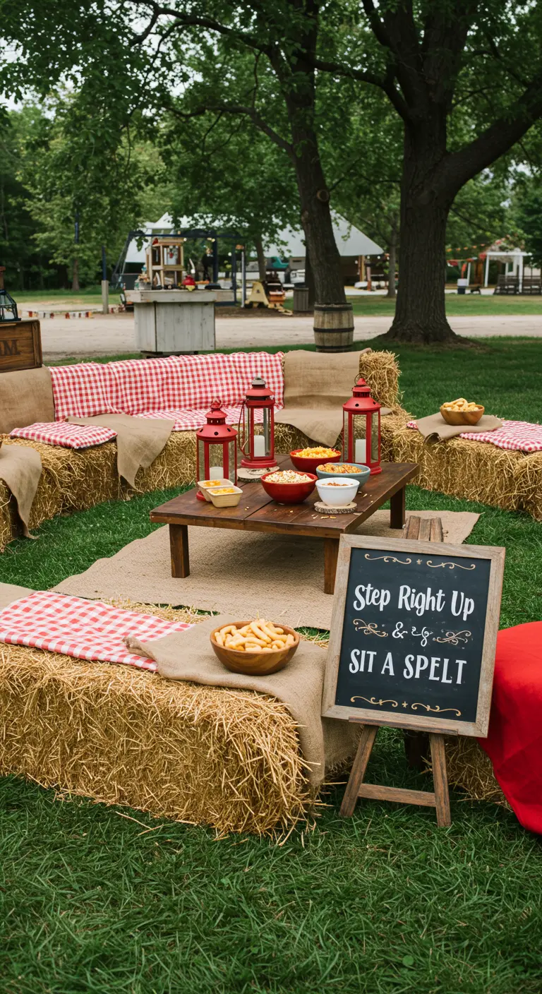 A casual seating area made of hay bales with gingham and burlap.
