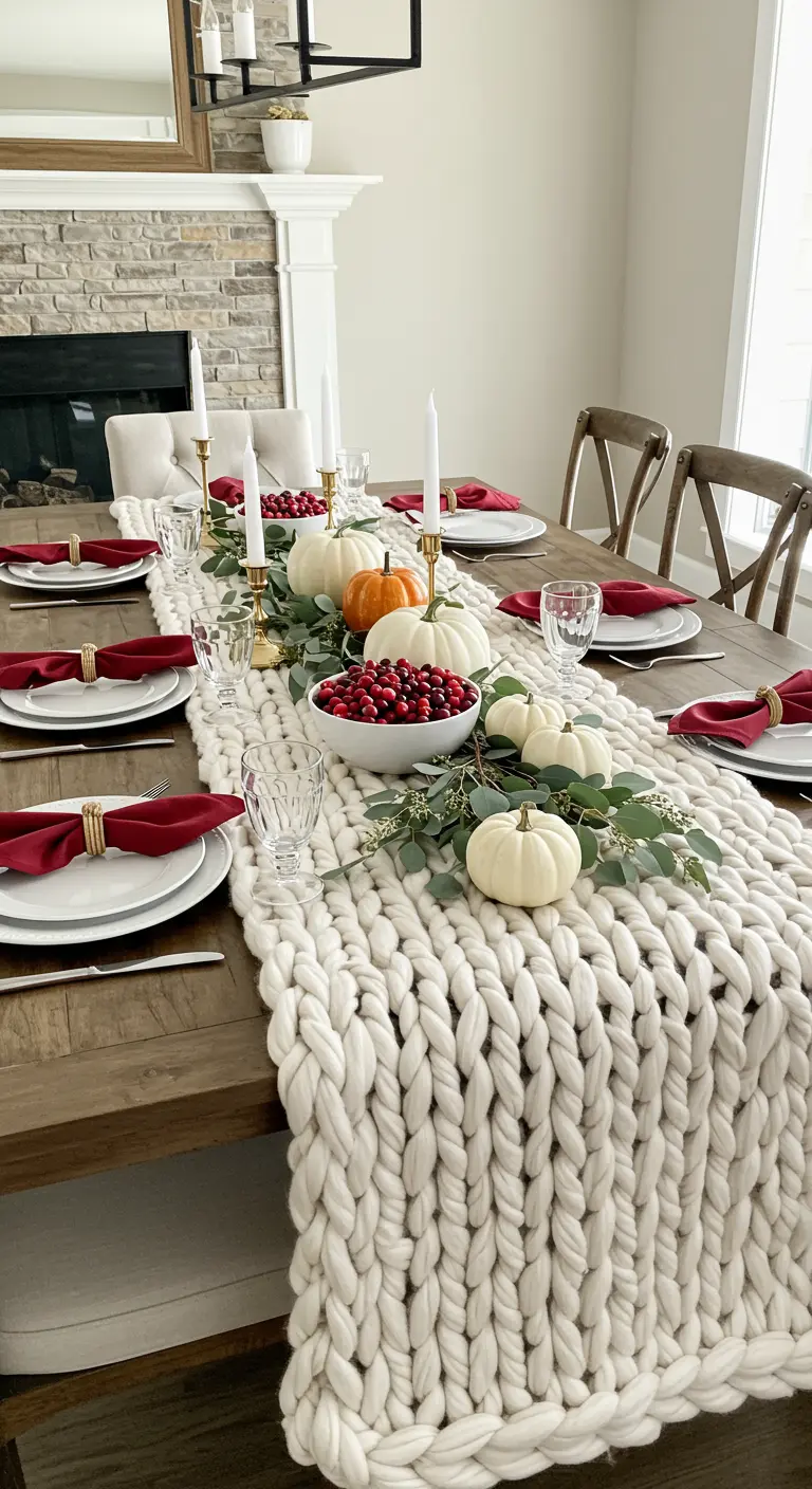 A wooden dining table featuring a thick, chunky white knit runner topped with pumpkins and greenery.