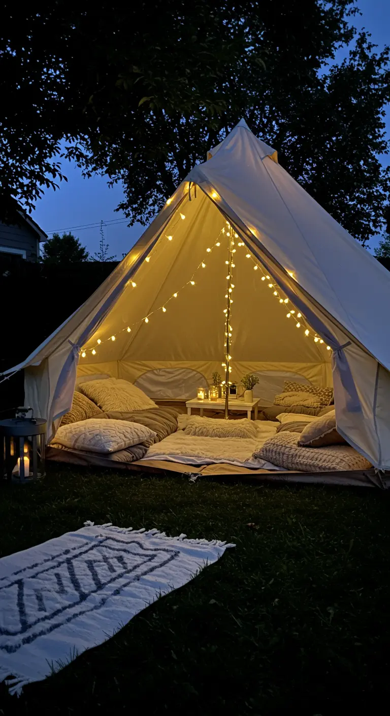 A glamping tent at night, lit from within by star-shaped fairy lights and filled with pillows.