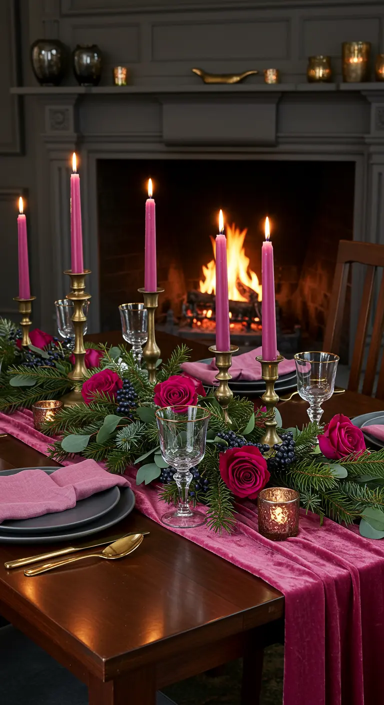 Cozy winter table with a magenta velvet runner, fir branches, and brass candlesticks.