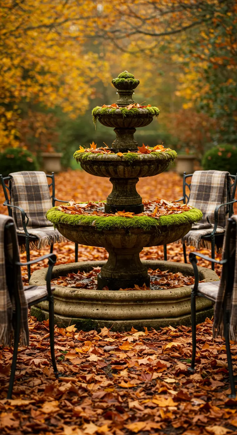 Fountain surrounded by fallen leaves, with plaid blankets on the chairs.
