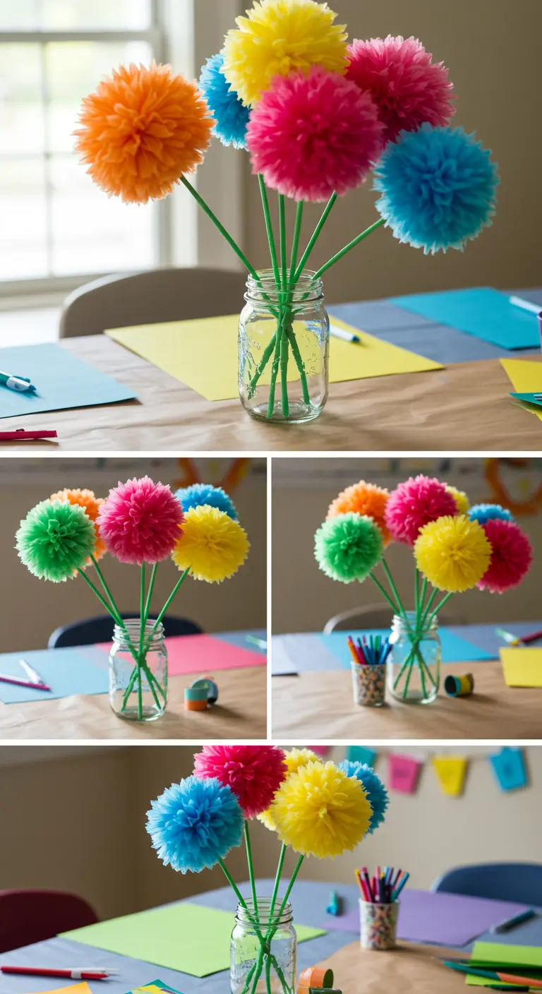 A collage showing how to make colorful tulle pom-pom flowers.