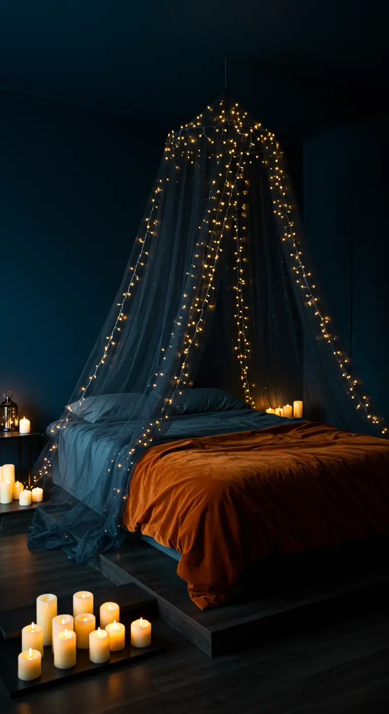 Dark bedroom with a fairy-light-covered canopy and an orange velvet throw.