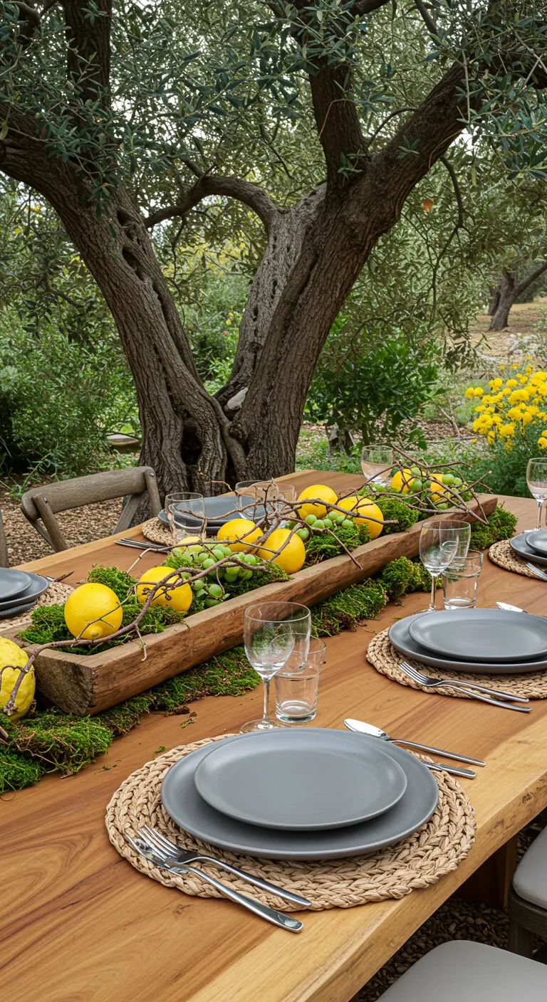 A long wooden dough trough filled with moss, lemons, and branches serves as a table centerpiece.
