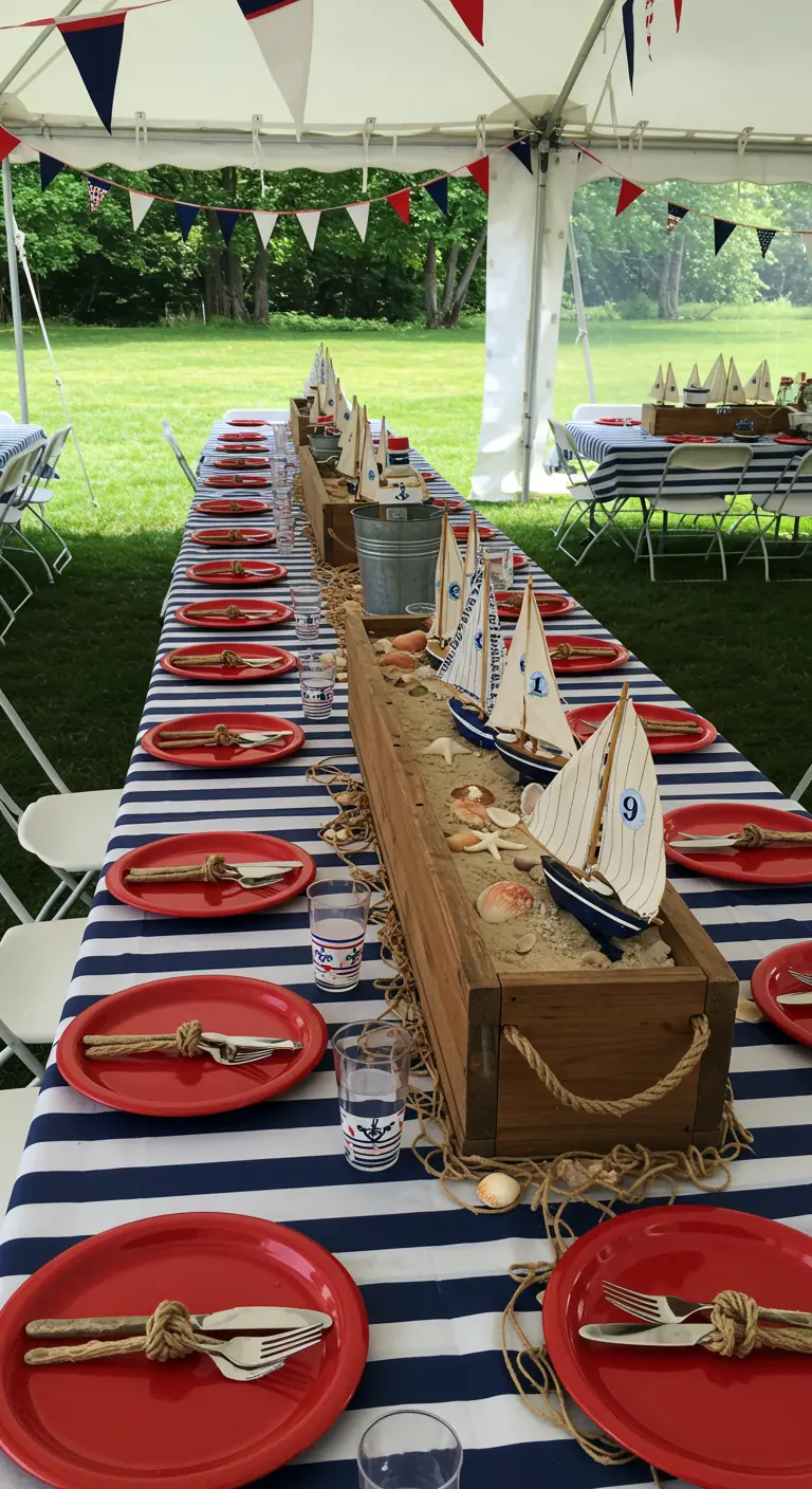 Long outdoor party table with a sand-filled planter centerpiece holding mini sailboats.