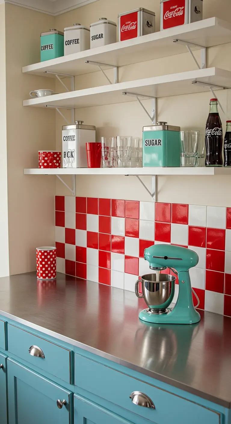 A retro kitchen with red and white checkerboard tiles, blue cabinets, and a mint stand mixer.