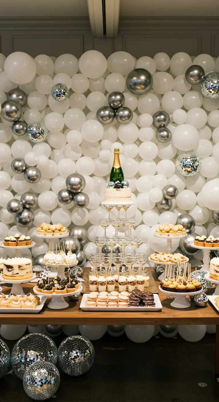 A dessert table in front of a floor-to-ceiling wall of white and silver balloons.