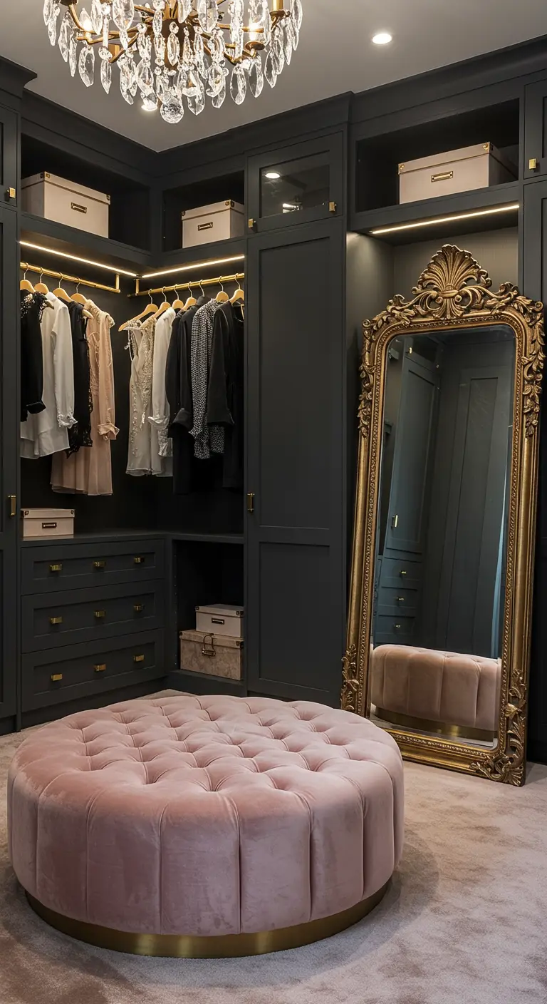 Luxurious walk-in closet with dark grey cabinets, integrated lighting, and a pink tufted velvet ottoman.