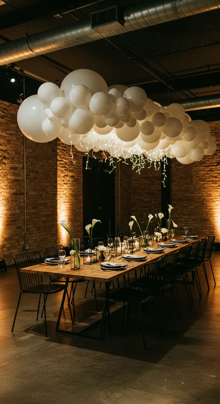 Dinner table under a floating white balloon cloud with twinkling lights in an industrial loft.