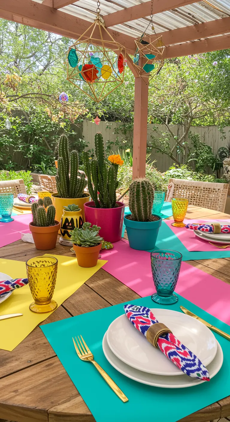 Outdoor table set with colorful placemats, patterned napkins, and a centerpiece of potted cacti.