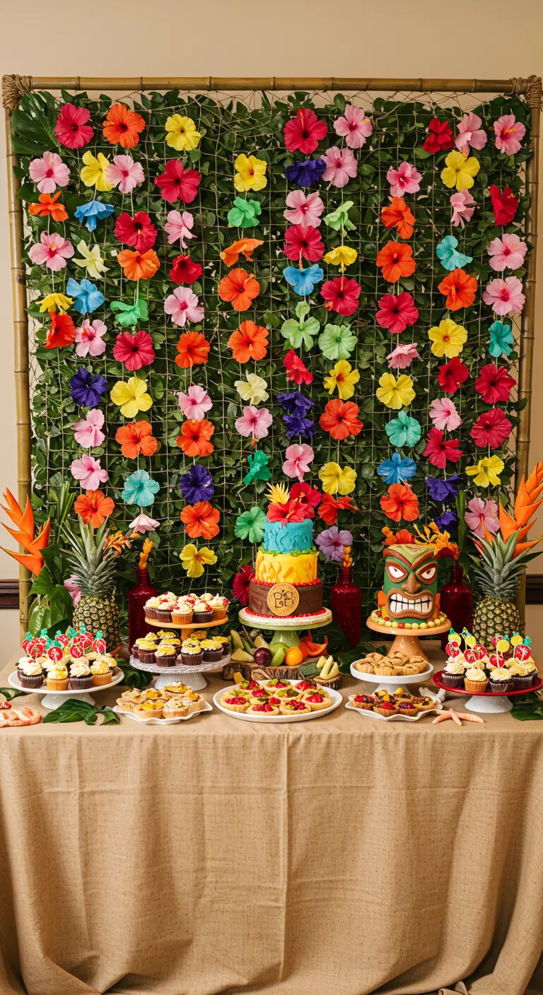 A dessert table in front of a stunning flower wall made of colorful hibiscus.