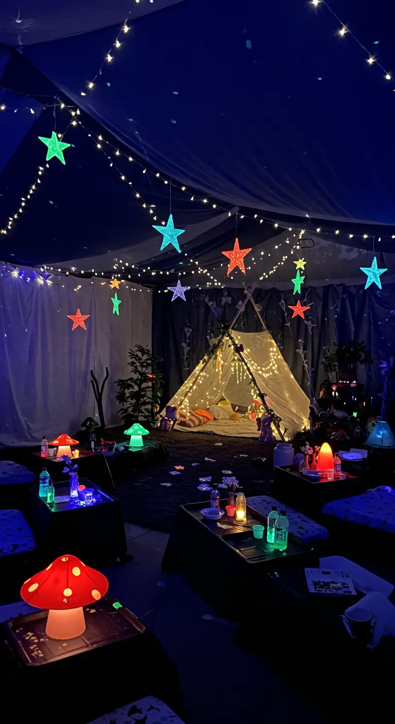 A cozy glow-in-the-dark sleepover party with a teepee, string lights, and glowing stars.