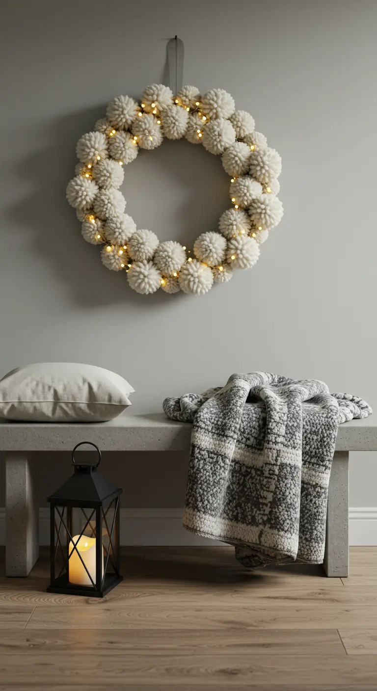 Minimalist entryway with a white pom-pom wreath, a concrete bench, and a plaid blanket.
