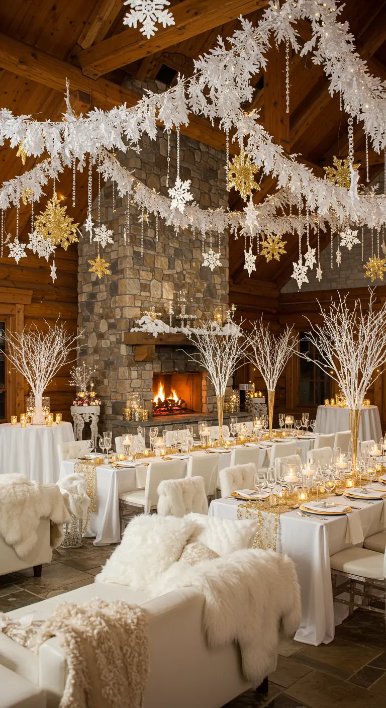 A winter party in a rustic lodge with white and gold snowflake garlands and faux fur throws.