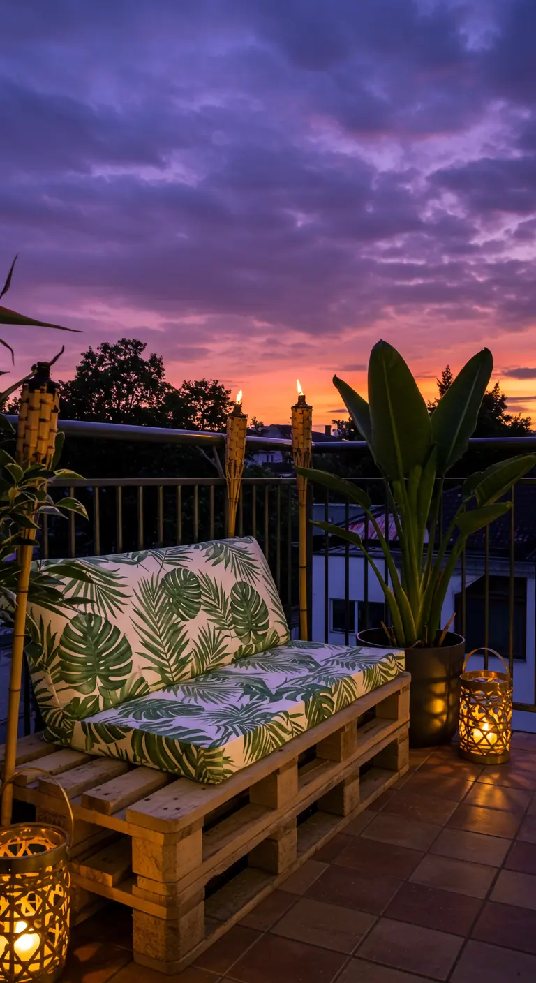 A DIY pallet sofa with a tropical leaf cushion on a balcony at sunset with tiki torches.