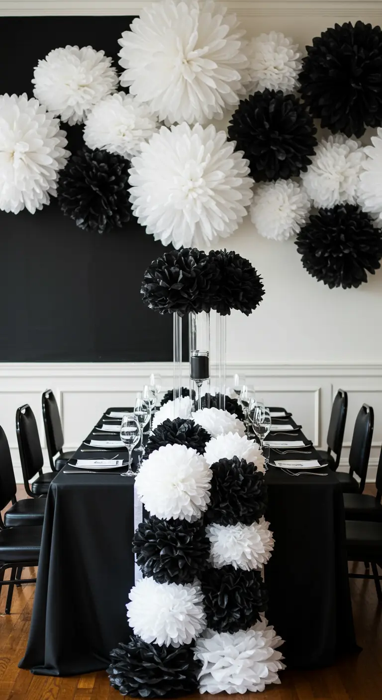 A striking black and white pom-pom table runner cascading down the center of a long table.