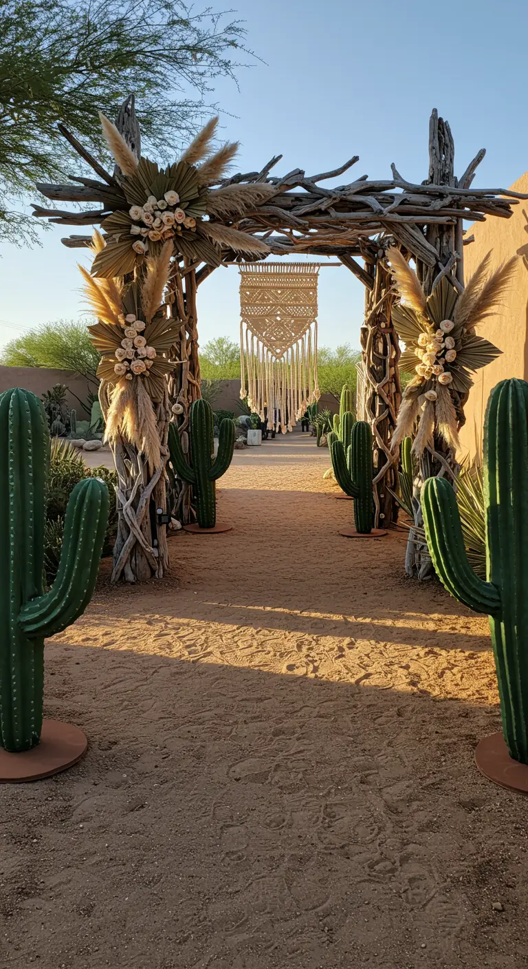 A grand entrance arch made of driftwood, adorned with pampas grass and a macrame hanging.