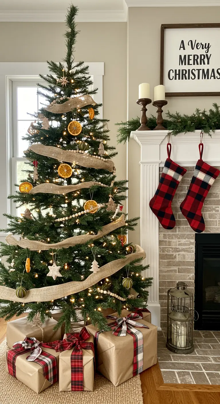 A farmhouse-style Christmas tree decorated with burlap ribbon and dried orange slices.