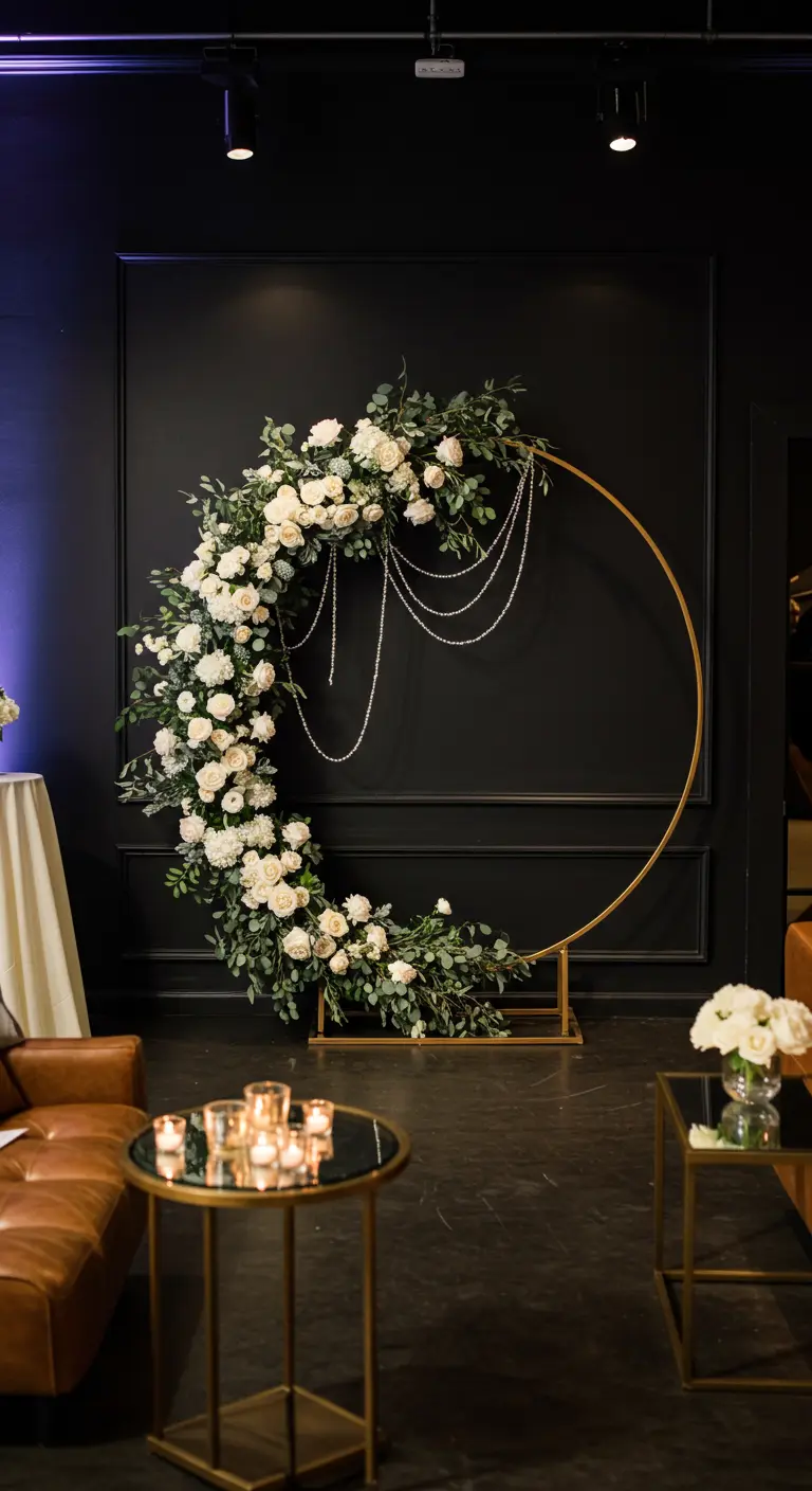 A large gold circular arch decorated with a crescent of white roses, greenery, and hanging pearls.