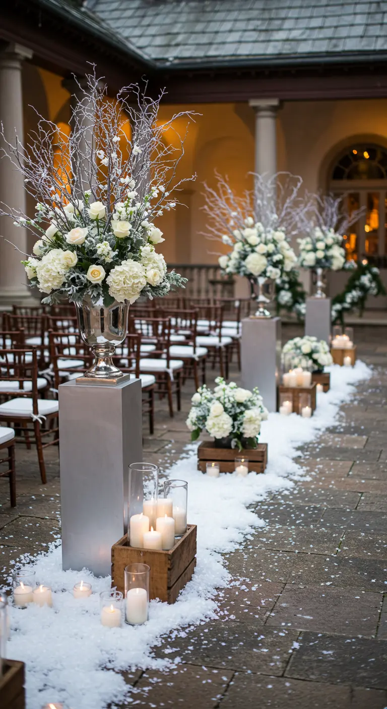 Winter-themed wedding aisle with faux snow, wood crates, and white floral arrangements.