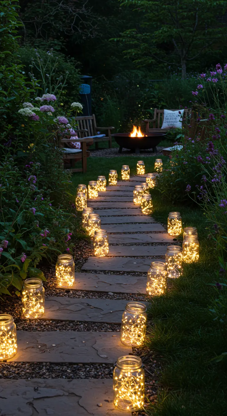 A stone garden path lined with mason jars filled with glowing fairy lights.