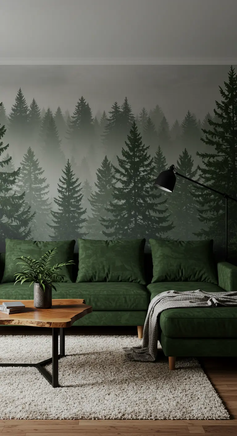 Living room with a misty green forest mural behind a large green sectional sofa.