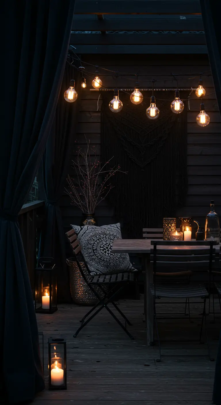 A dark, moody deck at night with black curtains, a black macramé hanging, and warm Edison bulbs.