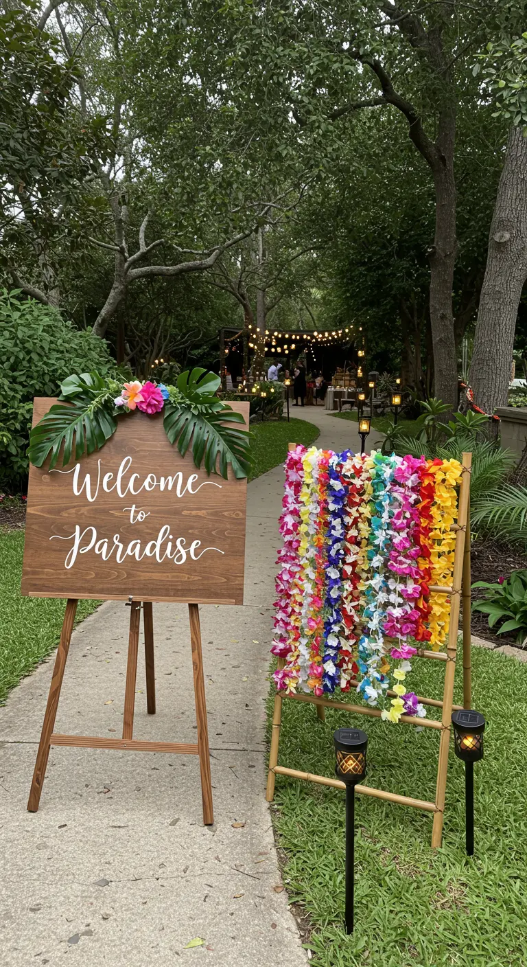 A 'Welcome to Paradise' sign on an easel next to a ladder draped with colorful leis.